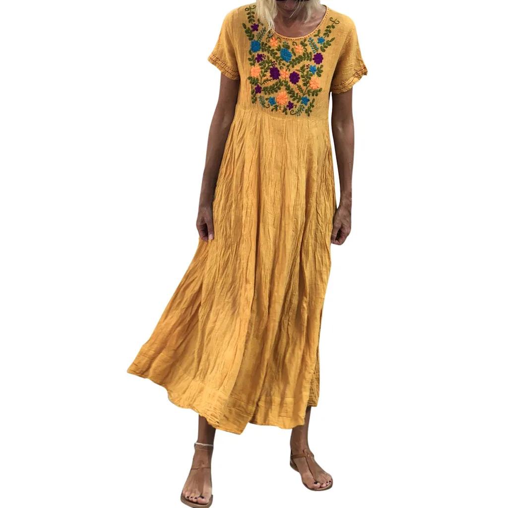 

Summer Women Dress 2019 Vintage Sexy Bohemian Women Summer Vintage Short Sleeve O Neck Embroidered Casual Maxi Dress M-5XL