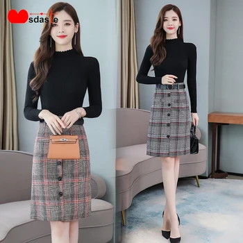 

Women Set Two Pieces Long Sleeve Black Knitting Sweater Pullover + Plaid Woolen Skirt Suit Autumn Winter Wear Lady Suits 2 Piece