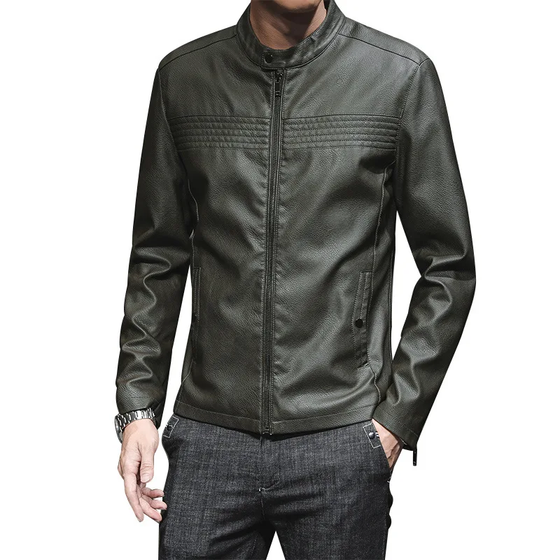 

MEN'S WEAR Slim Fit Leather Coat Thin Stand Collar Leather Jacket Europe And America Artificial Leather Locomotive PU Leather Me