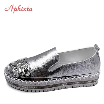 Aphixta Crystals Round Toe Leather Flats Shoes Women Silver Bling Loafers Couple Platform Shoes Woman Flat With Students Size 43 1