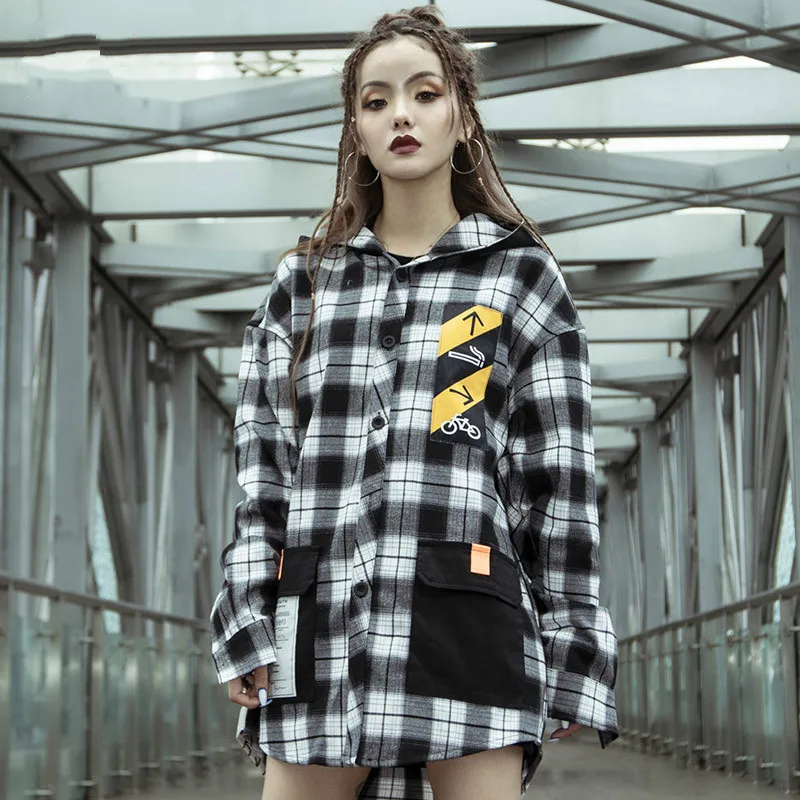 

Ins Street Stitching Plaid Hooded Shirt Female Long Sleeve Irregular Shirt Couple Coat Harajuku Korean Womens Tops and Blouses 5