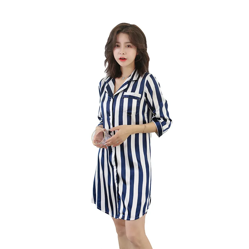 Elegant Women Home Wear Nightgown Sleepwear Exquisite Button Striped Nightwear Nightdress Soft Satin Sleep Dress Homewear