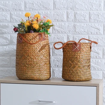 

1/2 Pcs Natural Seagrass Woven Flower Basket Pot Vase Laundry Baskets Home Storage Baskets Organizer With Handle Decoration