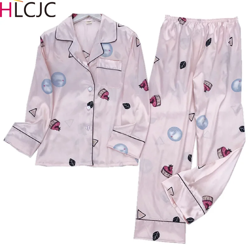

2019 Satin Women's Pajamas Sets with Pants 2019 Cartoon Sleepwear Pijama Mujer Pyjamas Women Long Sleeve Women Silk Pajama Plus