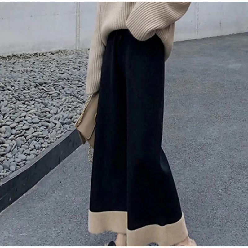 Женские осенние Лоскутные тонкие трикотажные брюки черный абрикосовый широкие свободные женские брюки зимние повседневные с эластичной резинкой на поясе и на штанах