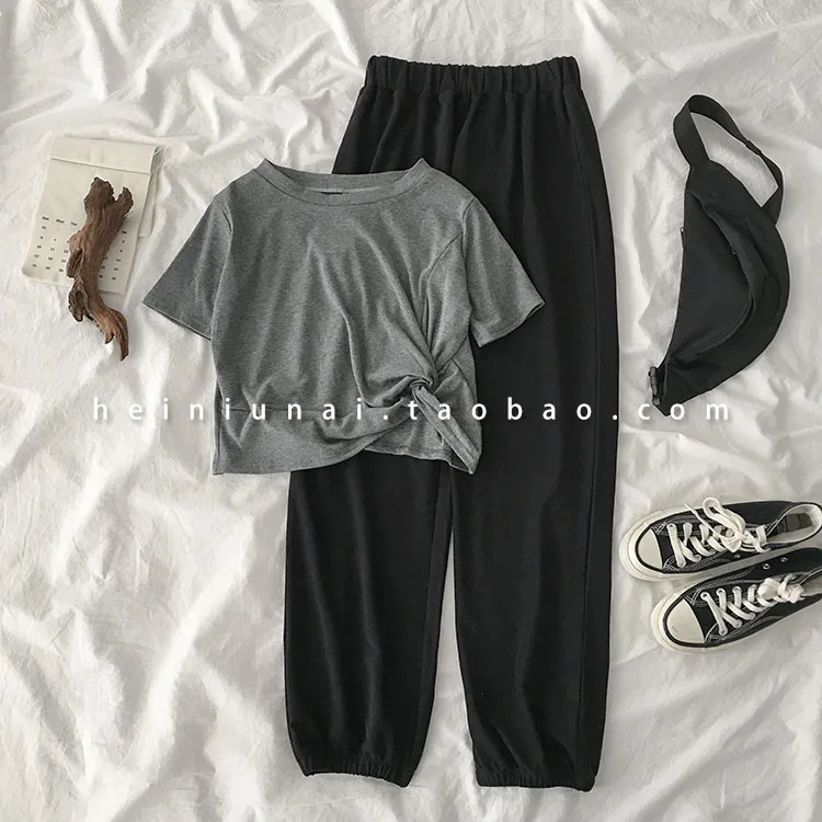 Casual Long Pant Set Women Short Sleeve T-shirt + Elastic High Waist Harem Pant Trouser Matching Set