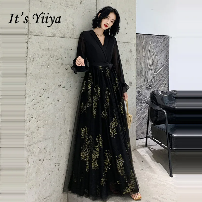 Это Yiiya вечернее платье Элегантное Черное вечернее платье с v-образным вырезом кружевное вечернее платье с вышивкой вечернее платье с длинным рукавом robe de soiree LF140