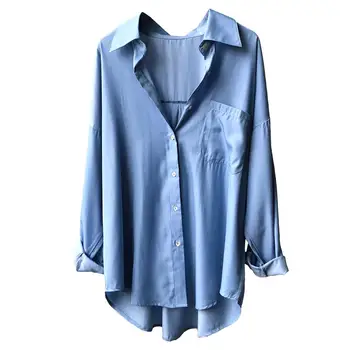 

Long Sleeve Blouse 2020 Spring Turn Collar Simple Solid Color All Matching Loose