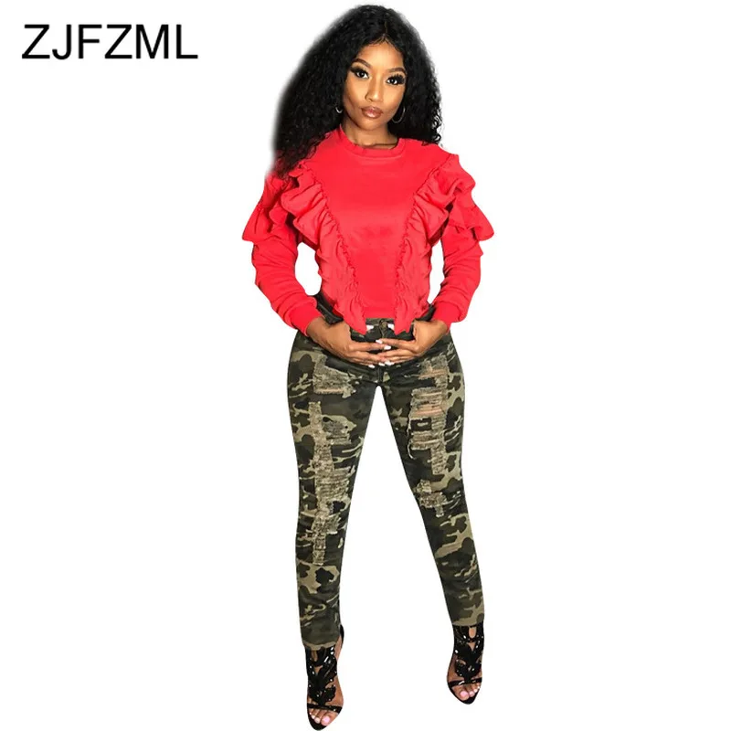 

Autumn Ruffles Patchwork Sexy Crop Tops for Women Round Neck Slim Long Sleeve T Shirt Causal Plus Size Solid Harajuku Shirts