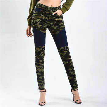 

Women's Stretch Slim Camo Print Trousers Womens Jeans Zip pocket Casual Denim Military style Pants Stitching denim Trousers