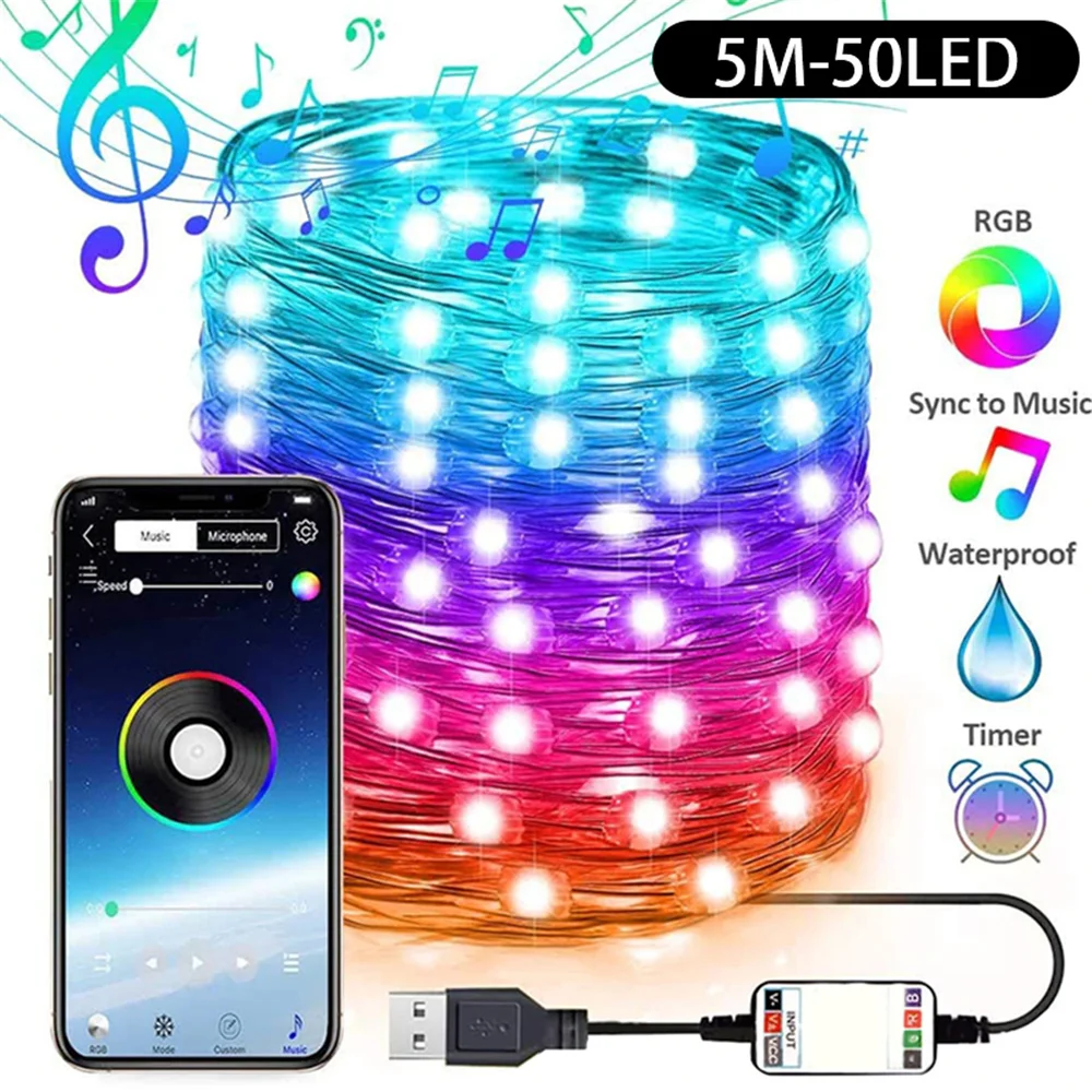 

USB LED String Light Bluetooth App Control Copper Wire String Lamp Waterproof Outdoor Fairy Lights for Christmas Tree Decoration