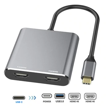 

4 In 1 4K Hub 5Gbps Metal High Speed Splitter Type C 3.0 To Dual HDMI Laptop PC USB Adapter PD Charge For Mac OS For Windows