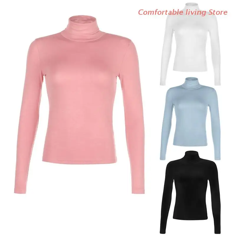 

Women Long Sleeve Turtleneck T-Shirt Solid Color Basic Bodycon Pullover Tops