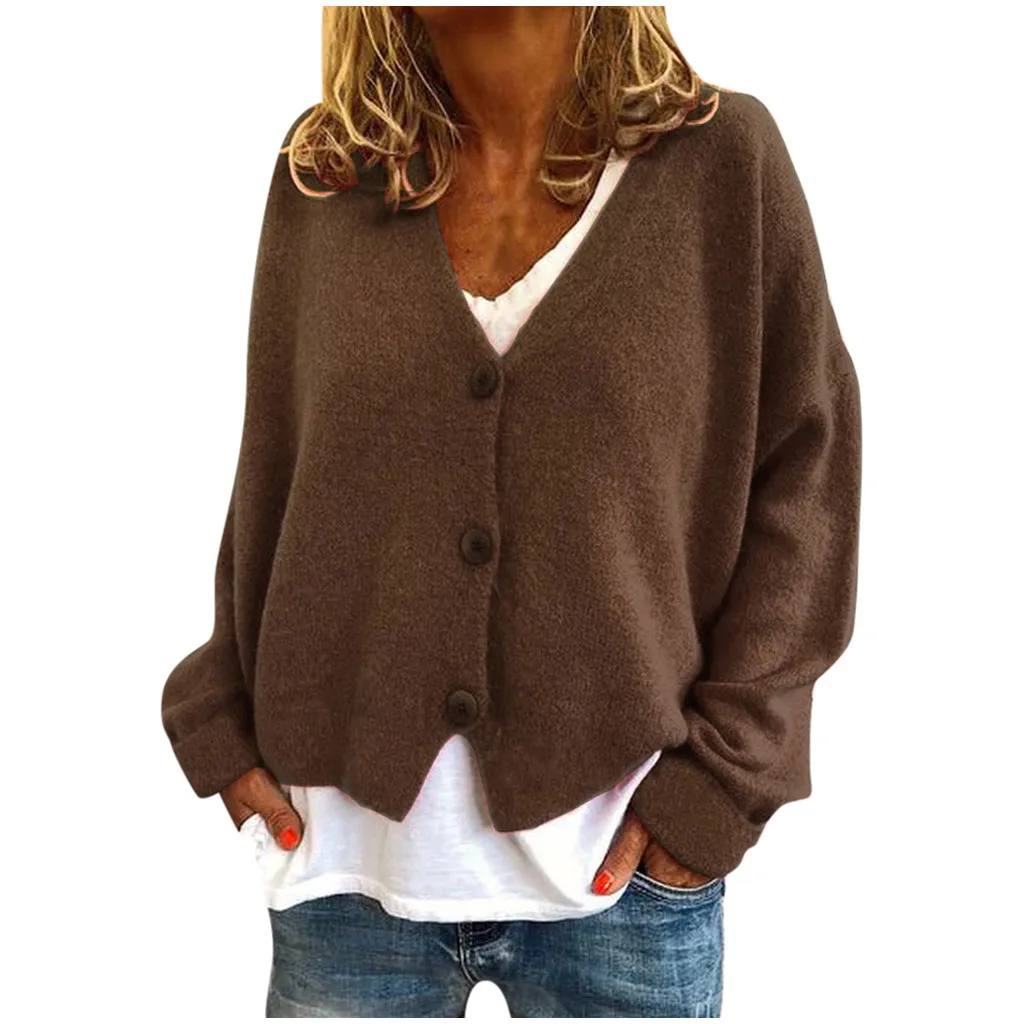 Fashion Casual Loose V-Neck Long Sleeve Open Sweater For Autumn Winter 2019 Female New Hot Sale With Button Cotton Sweaters Top |