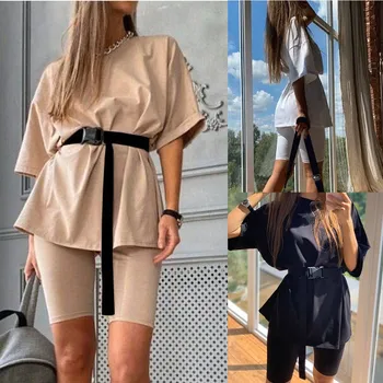 

New Women's Shirt Trousers Two-Piece Set with Belt Home Loose Sports Casual Suit 2020