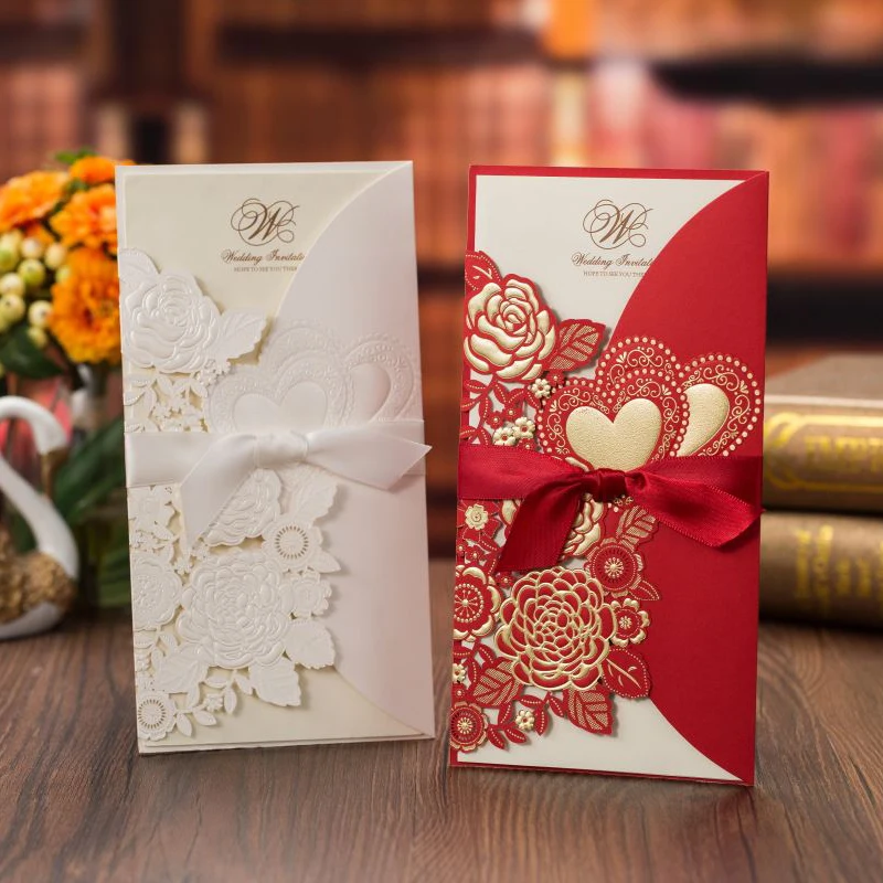 

50pcs Laser Cut Wedding Invitations Card Rose Love Heart Greeting Cards Customize Envelopes With Ribbon Wedding Party Supplies