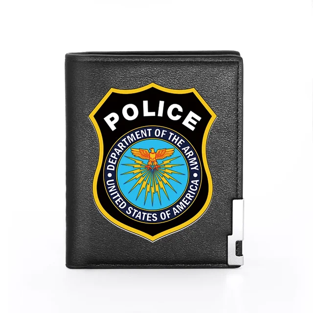 Fashion Security Officer Police Badge Printing Men's Wallet  Leather Purse For Men Credit Card Holder Short Male Slim Money Bags BG407-Black