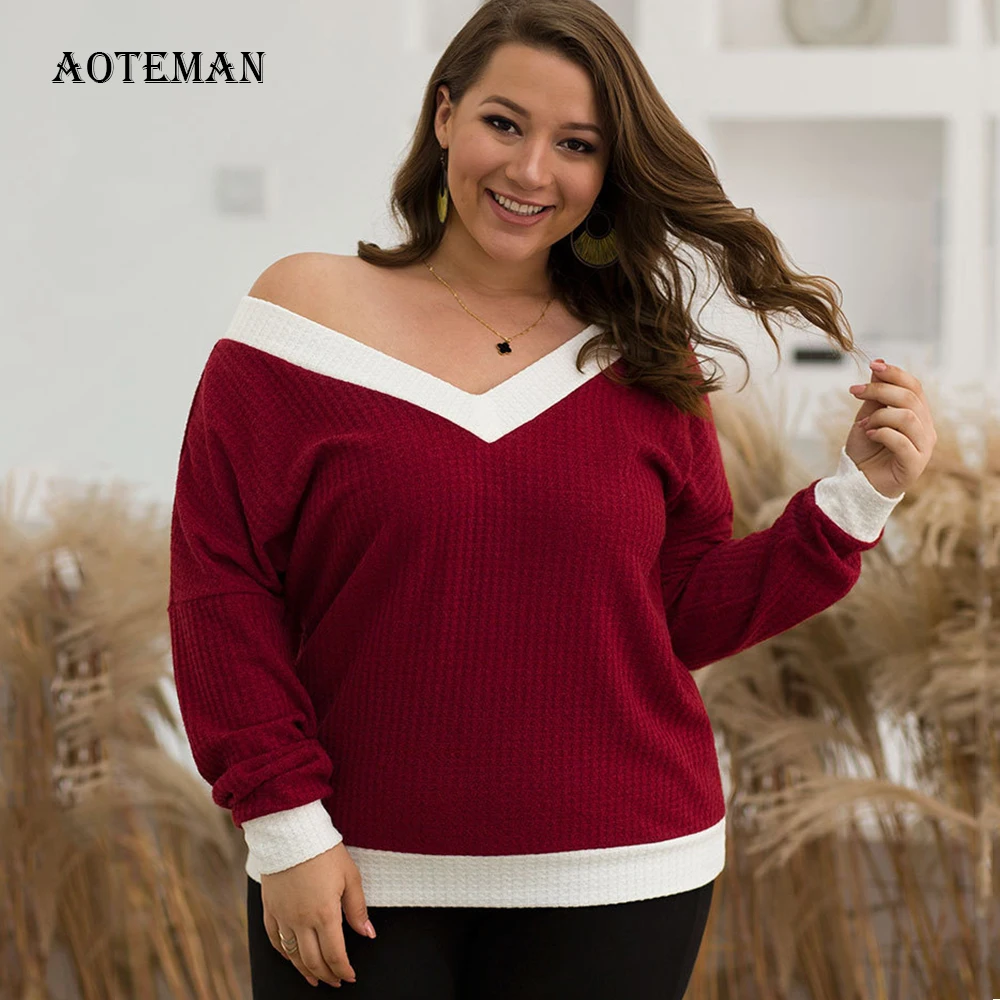 Autumn Winter Sweater Women 2019 Casual Loose Plus Size Long Sleeve Warm V Neck Pullover Jumper Knitted Sweaters 4XL | Женская одежда