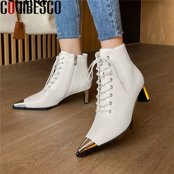 

COVIBESCO Fashion Women Ankle Boots Autumn Winter Metal Pointed Toe Shoes Woman High Heels Zipper Genuine Leather Lace-Up Boots