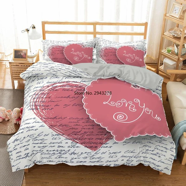 Juego de cama de microfibra para el Día de San Valentín, edredón con de letras y escritura a mano con corazón, nórdica, textiles para el para enamorados _ -