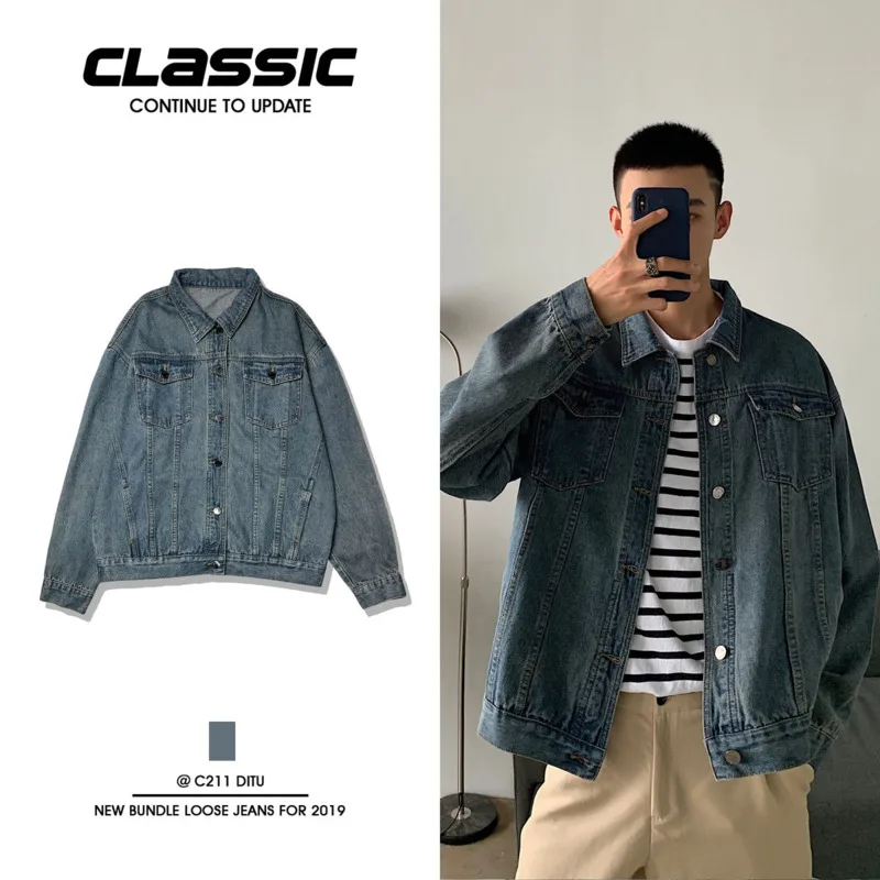 

Autumn Korean Denim Jacket Men's Fashion Retro Blue Denim Jackets Mens Streetwear Wild Loose Hip-hop Bomber Jacket Men S-2XL