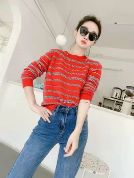

2020 Spring Women's Round Neck Knit Sweater Long Sleeve Slim Striped Pullover Tops Women's Clothing