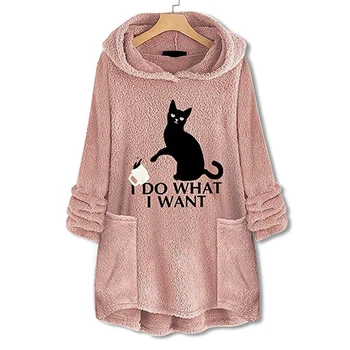 

Long Sleeve Loose Autumn With Pocket Crew Neck Warm Cat Printing Women Hoodies Double Sided Fleece Winter Fluffy Pullover Casual