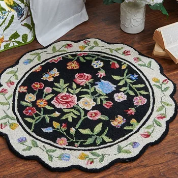 

100% wool handmade American style gorgeous area rug ,round shaped living room coffee table carpet, Pastoral decoration mat