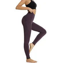 

Plain Dark Purple Color High Waisted Stretch Women Yoga Pants Leggings Side Pockets Tummy Control Workout GYM