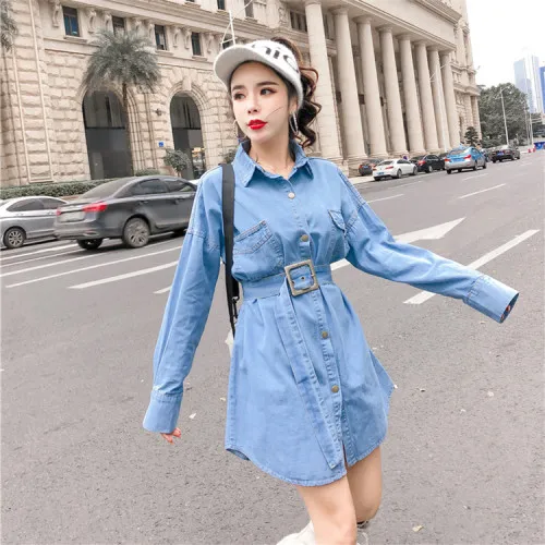 qianlan Модные женские длинные джинсовые рубашки femme с поясом, длинная джинсовая куртка s, женская джинсовая куртка с длинным рукавом, топы - Цвет: qianlan