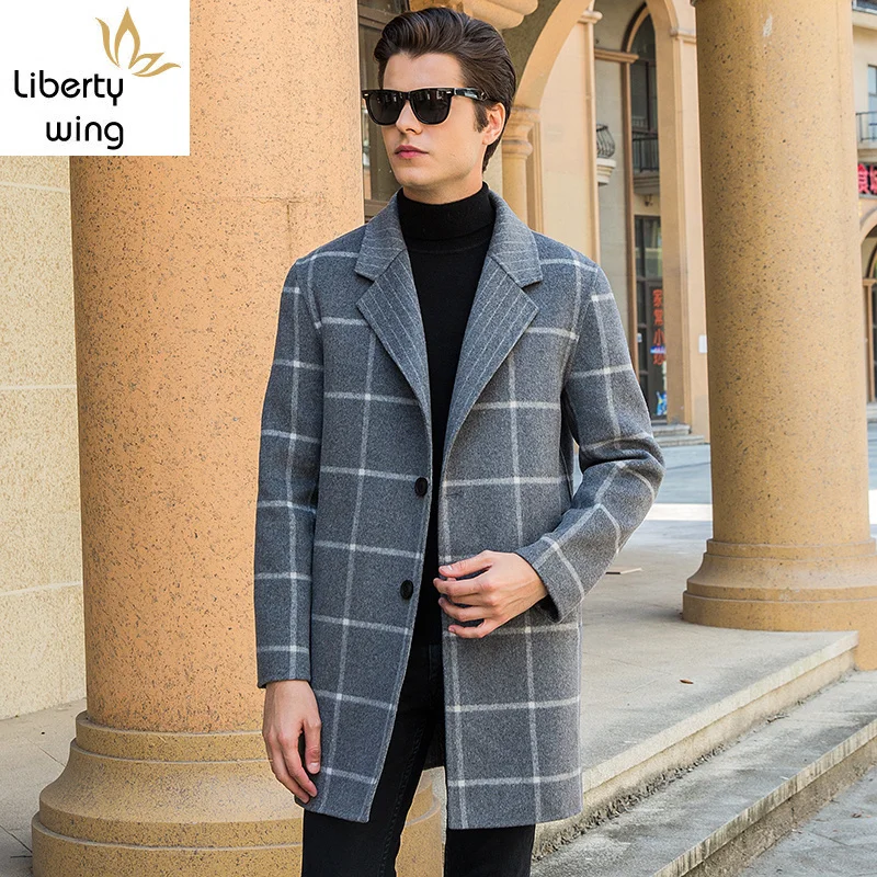 

Brand New Mens British Plaid Slim Fit Wool Coat Long Sleeve Winter Woolen Blends Overcoat Single Button Business Casual Jacket