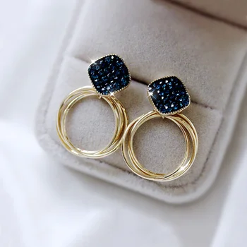 

Fashion Chic Gold dual-ring shape eardrop Square Dark Blue Crystals Earrings Women Jewelry gift office lady style Female