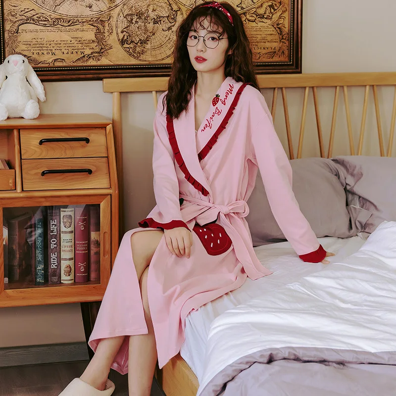 

Spring, Autumn And Winter Thin Pure Cotton Robe Loose-Fit Plus-sized Mm Cotton Bathrobe Pajamas Women Long Sleeve Bathrobe