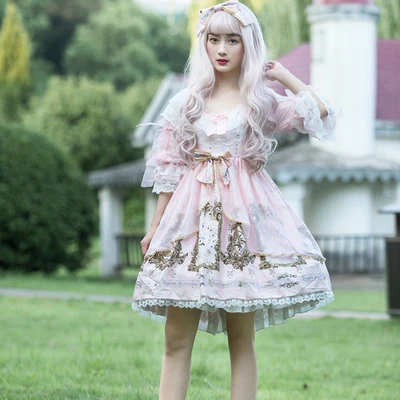 

Japanese princess daily tea party sweet lolita dress vintage lace bowknot printing high waist victorian dress kawaii girl loli
