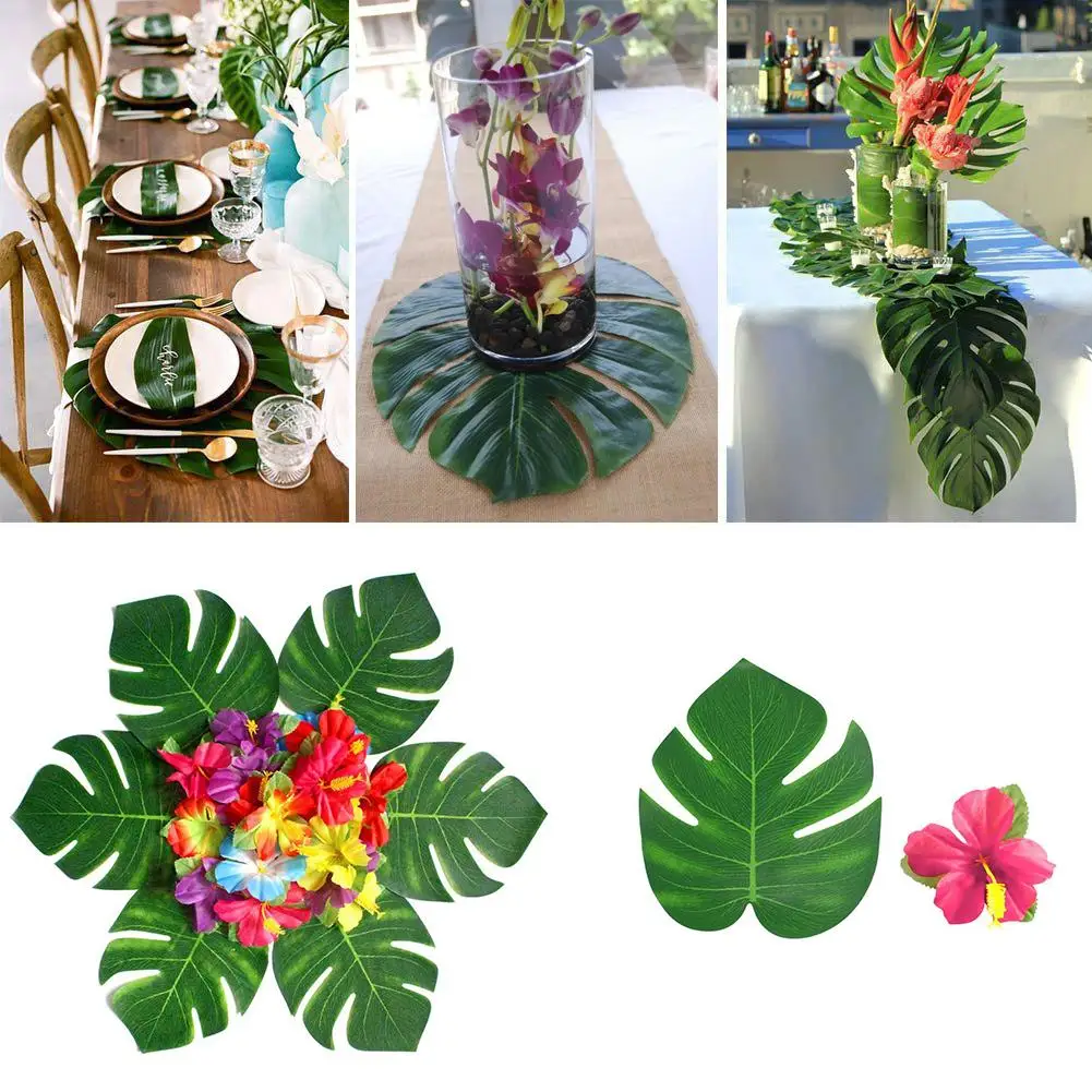

30Pcs Artificial Monstera Leaf + 24Pcs Hibiscus Flower Party Table Decor Mat Table Decoration Reusable Realistic Shape