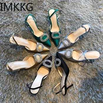 

Summer New Stiletto Pointed High Heel Rhinestone Buckle Sandals Satin Korean Version of The Wild Baotou Female Cool Shoes
