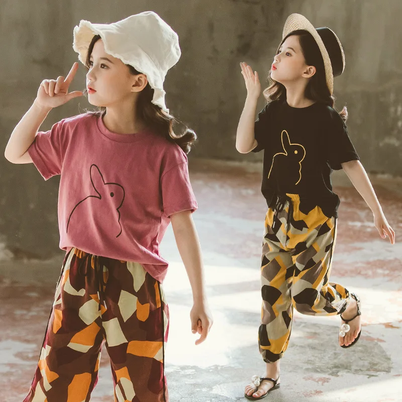 

Girls Short-Sleeved Rabbit T-shirt Casual Trousers Suit 2020 Summer Children's Two-Piece Suit