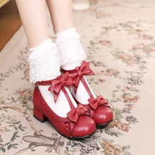 Милые японские маскарадные туфли принцессы Лолиты с круглым носком и бантом на низком каблуке; милые туфли для девочек; милые кружевные туфли для девочек