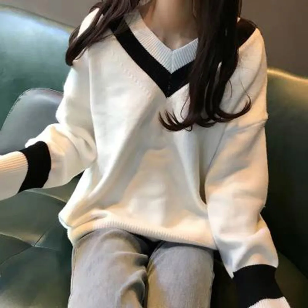 

V-neck Sweater Women 2020 Pullover Loose All-match Lazy Autumn And Winter Contrast Fashion Thicken Base Knitting Jumper Outwear