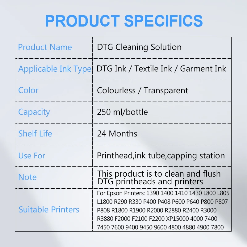 250ML DTG Cleaning Solution Textile InK Garment Ink Print Head Cleaning Liquid Capping Station Fluid DTG Ink Cleaner