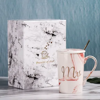 

450ml Marble Pattern Cup Gold Rim Mug Gift Box Set Flamingo Coffee Mugs Ceramic Mug Coffee Couple Cup with Spoon Lid