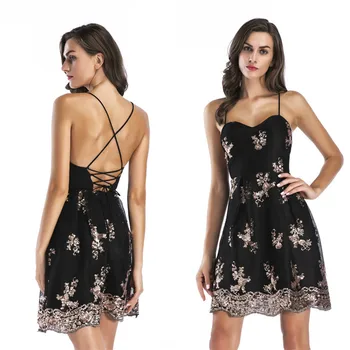 

Sweetheart Embroidered Short Black Hoco Party Dress with Tie Back