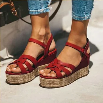 

2020 Woman Sandals Women's Ankle Buckle Strap Wedges Ladies Open Toe Platform Shoes Women Weave Female Footwear Plus Szie