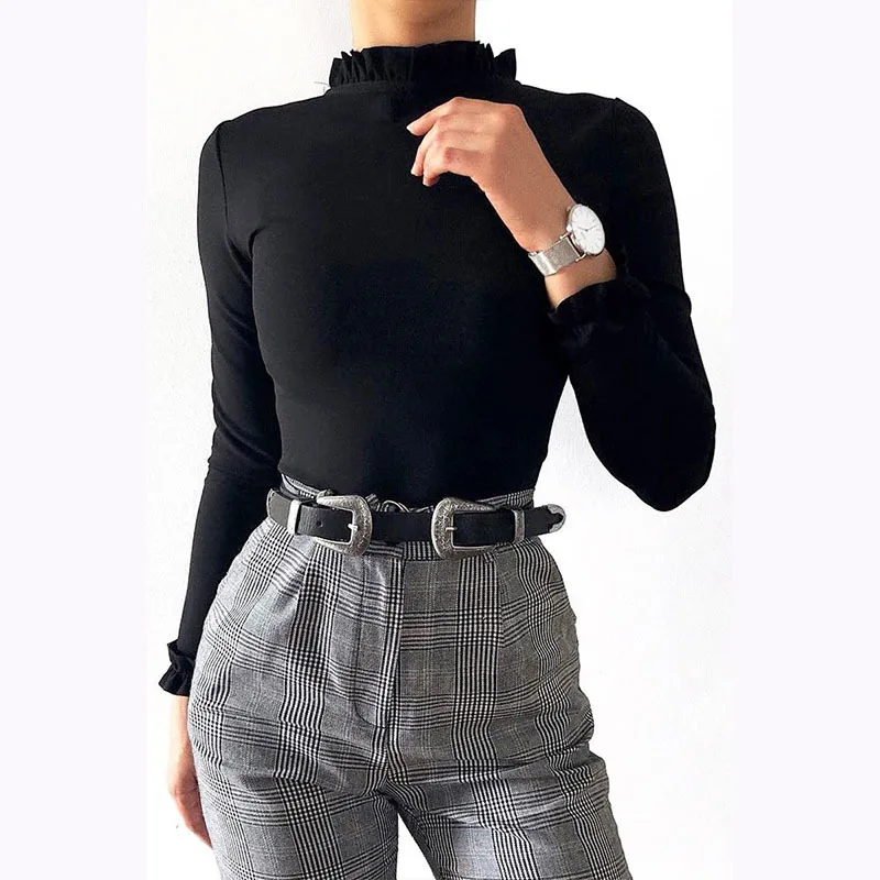 

New Arrival Autumn Winter Black Long Sleeve Playsuits Elegant Turtleneck Body Femme Sexy Women Ruffles Bodysuits