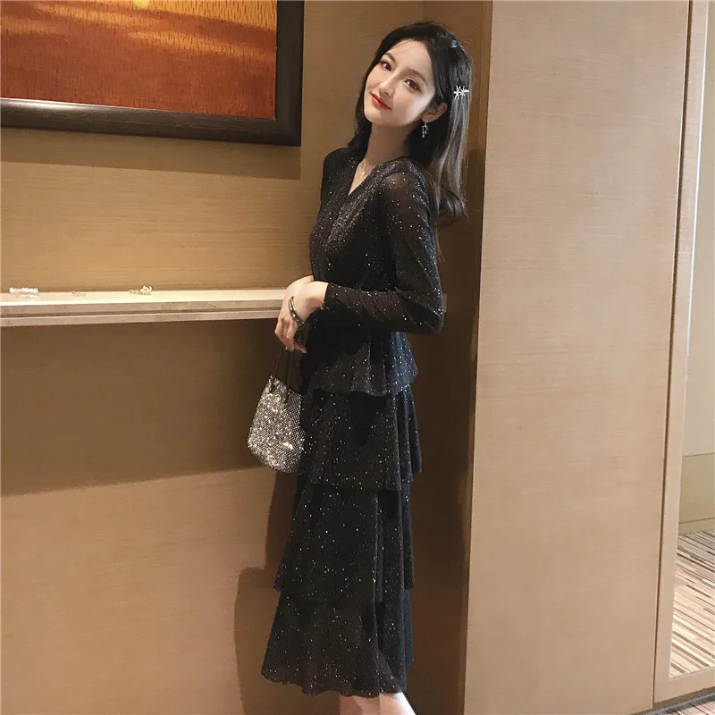 Весеннее и летнее элегантное Bling2019 весенняя одежда сексуальное торжественное платье черное платье с v-образным вырезом Длинные юбки женское нарядное платье