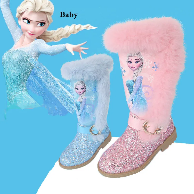 Детская обувь принцессы; Мультяшные сапоги для девочек; зимние теплые сапоги выше колена из натуральной шерсти; обувь с блестками из искусственной кожи для девочек; сапоги «Эльза»