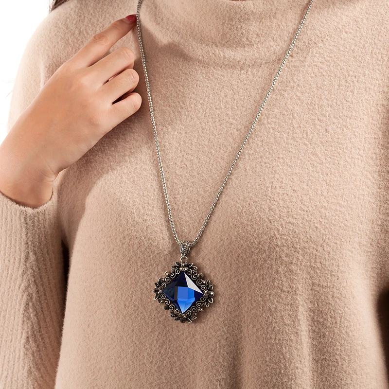 

New fashion women pendant necklace square big drop crystal national wind long chain sweater necklace Retro jewelry collar ladies