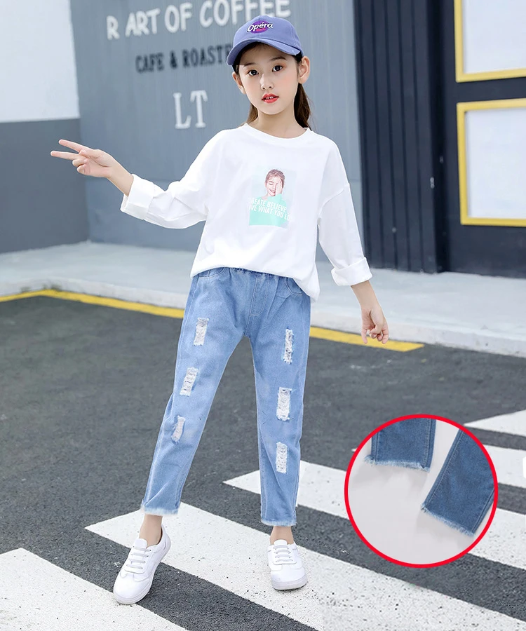 

Hot Quality Boy Girls Jeans Children's Clothing Kids Cat Embroidered Ripped Jeans Jeans Blue girl Ripped jeans