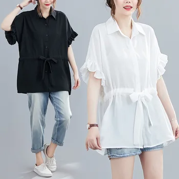 

2020 New Style 300 Extra Large WOMEN'S Dress Fat mm Waist Hugging Slimming Cover Meat Versatile Flounced Sleeves Tops 1976