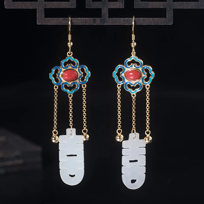 

Genuine Silver 925 Earrings Long Dangle Drop Earring Blue Enamel Flower Chinese Character Hook Earring Ethnic Silver 925 Jewelry